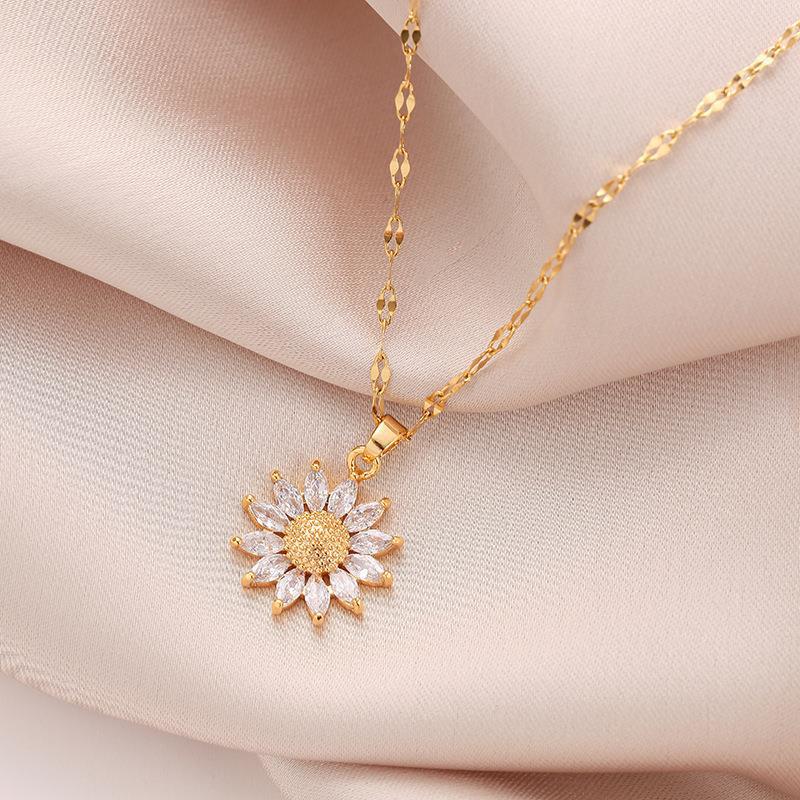 Vintage Sunflower Pendant Titanium Steel Necklace for Women