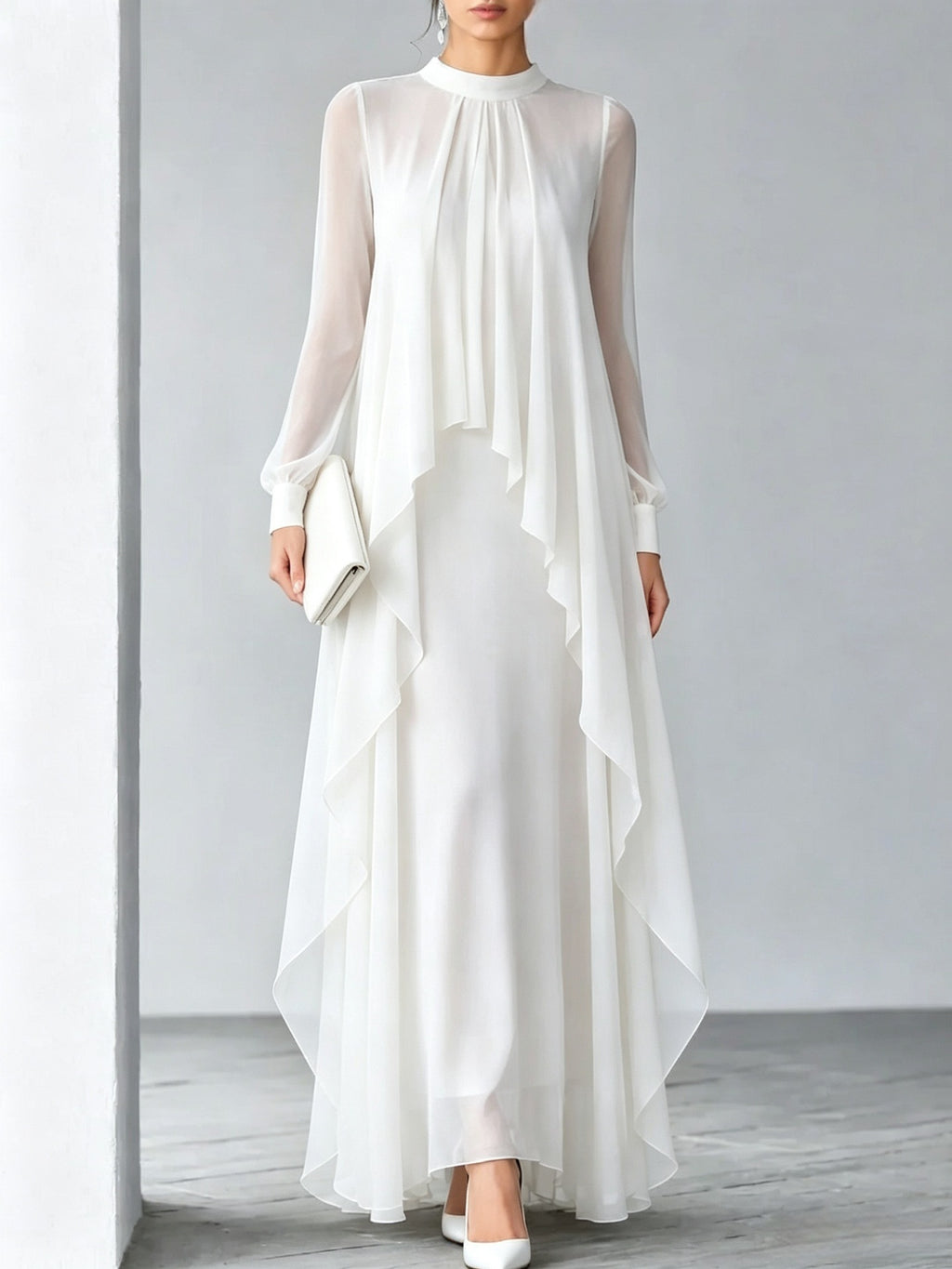 Women's Pleated Chiffon Long Dress Stand Collar Sheer Sleeve Ruffle Hem Fake Two-Piece Gown teemdrop