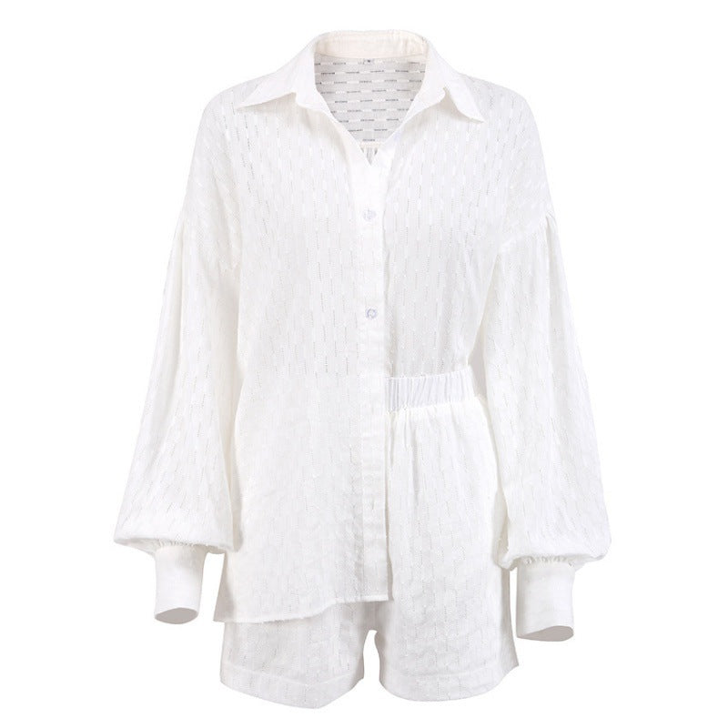 Women's Jacquard Puff Sleeve Shirt and Shorts Two-Piece Set teemdrop