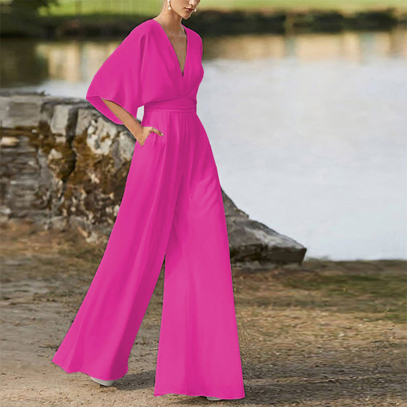 2026 Winter New European and American Foreign Trade Women's Fashion Jumpsuit Amazon Hot-Selling Deep V High-Waisted Wide-Leg Pants