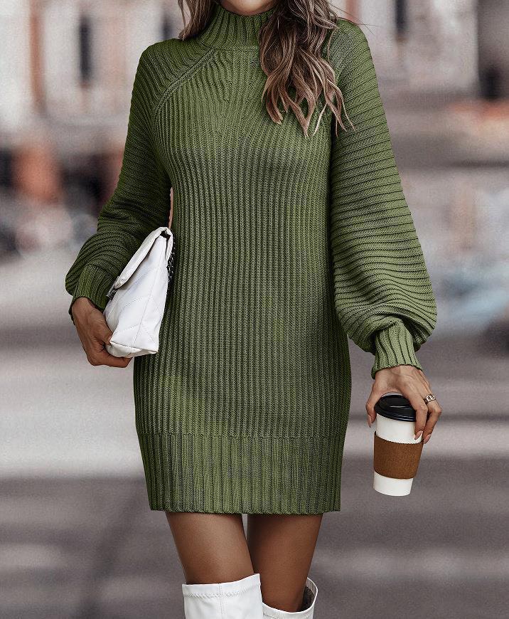 Women's Solid Long Sleeve Turtleneck Knitted Dress teemdrop