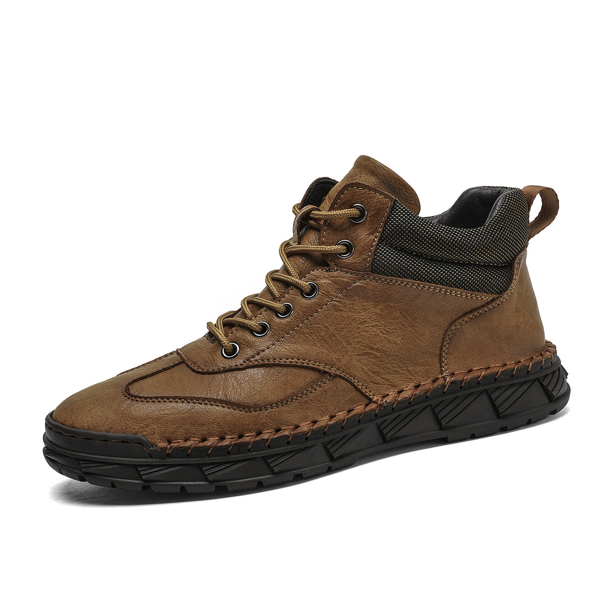 Mens Hand-Stitched PU Leather Lace-Up Flat Ankle Boots