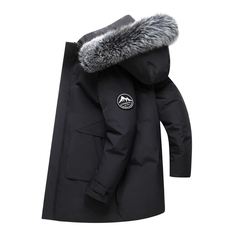 Men's Winter Mid-Length Hooded Down Coat with Fur Collar Loose Fit White Duck Filling Jacket teemdrop