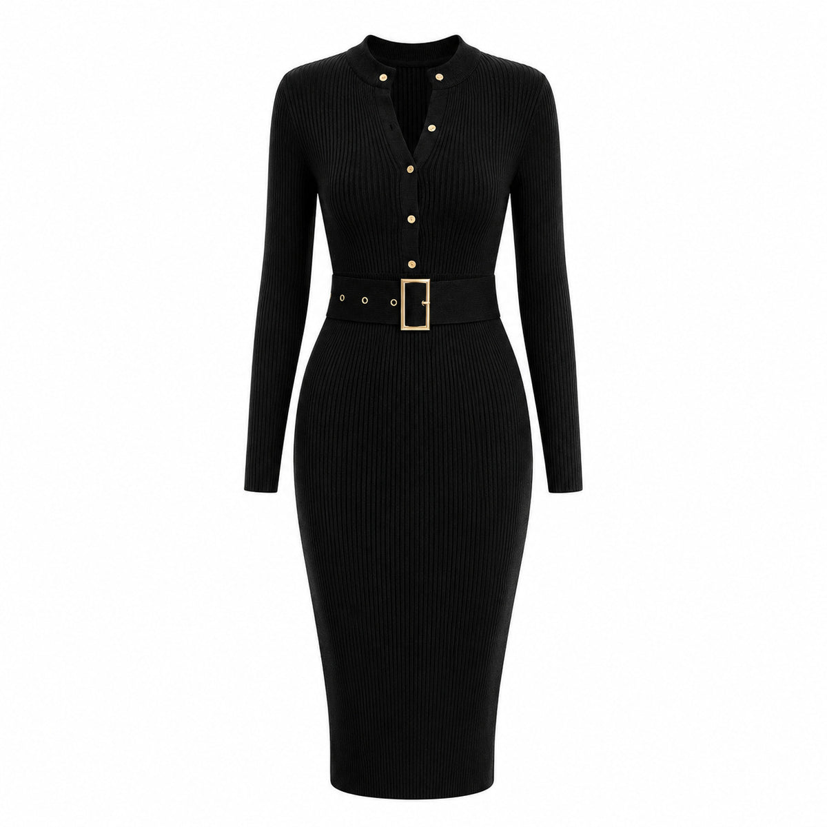 Elegant Bodycon Knitted Ribbed Midi Dress with Belt teemdrop