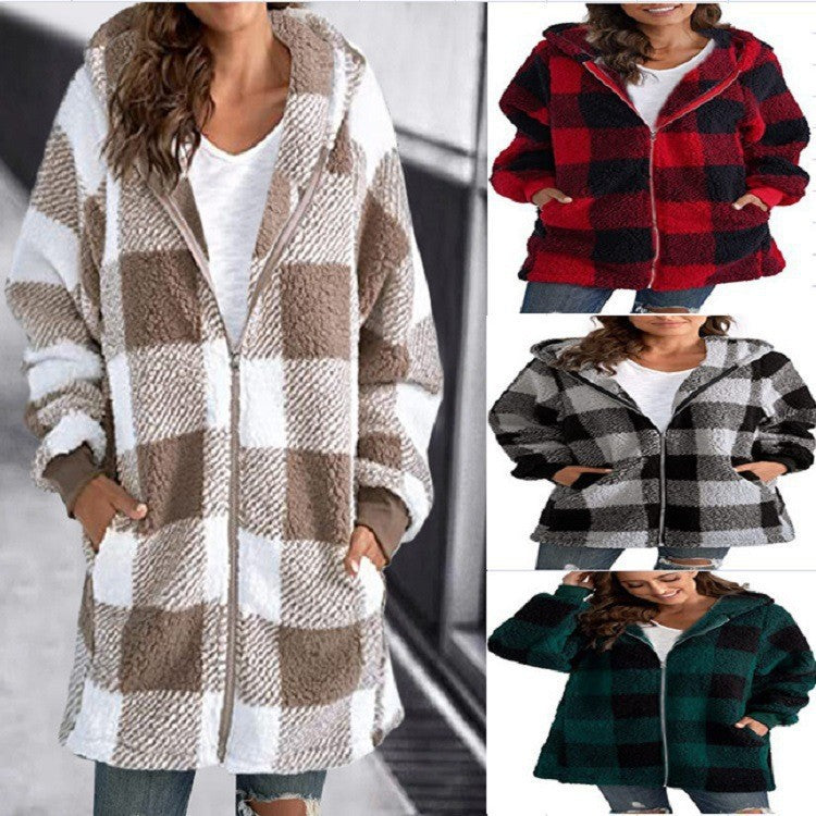 Women's Plush Long Sleeve Plaid Hooded Zip-Up Loose Coat