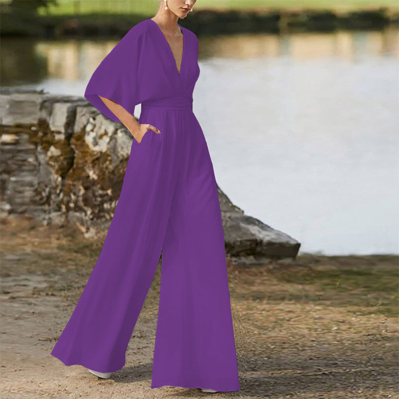 2026 Winter New European and American Foreign Trade Women's Fashion Jumpsuit Amazon Hot-Selling Deep V High-Waisted Wide-Leg Pants
