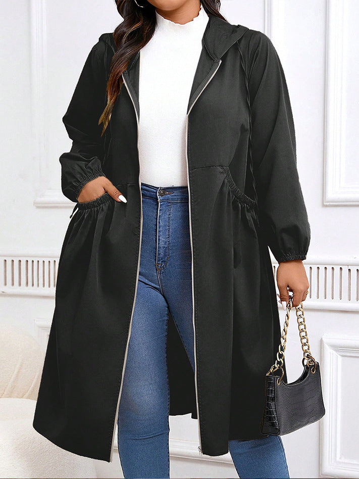 Plus Size Solid Color Pleated Long Sleeve Mid-Length Jacket
