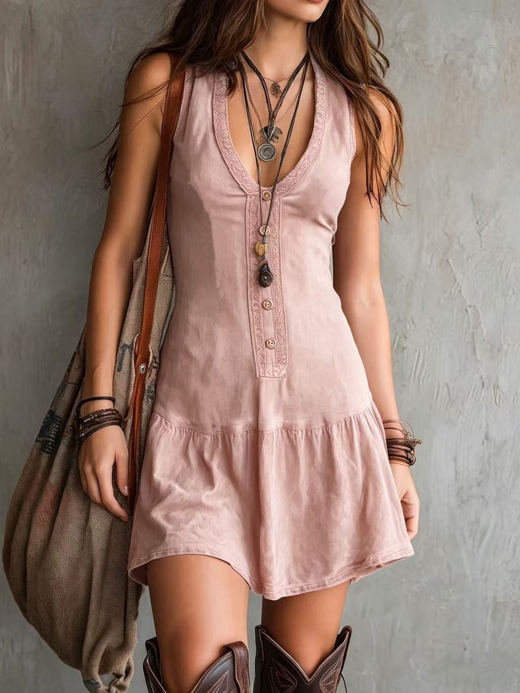 Women's Sleeveless U-Neck Lace Button A-Line Short Dress