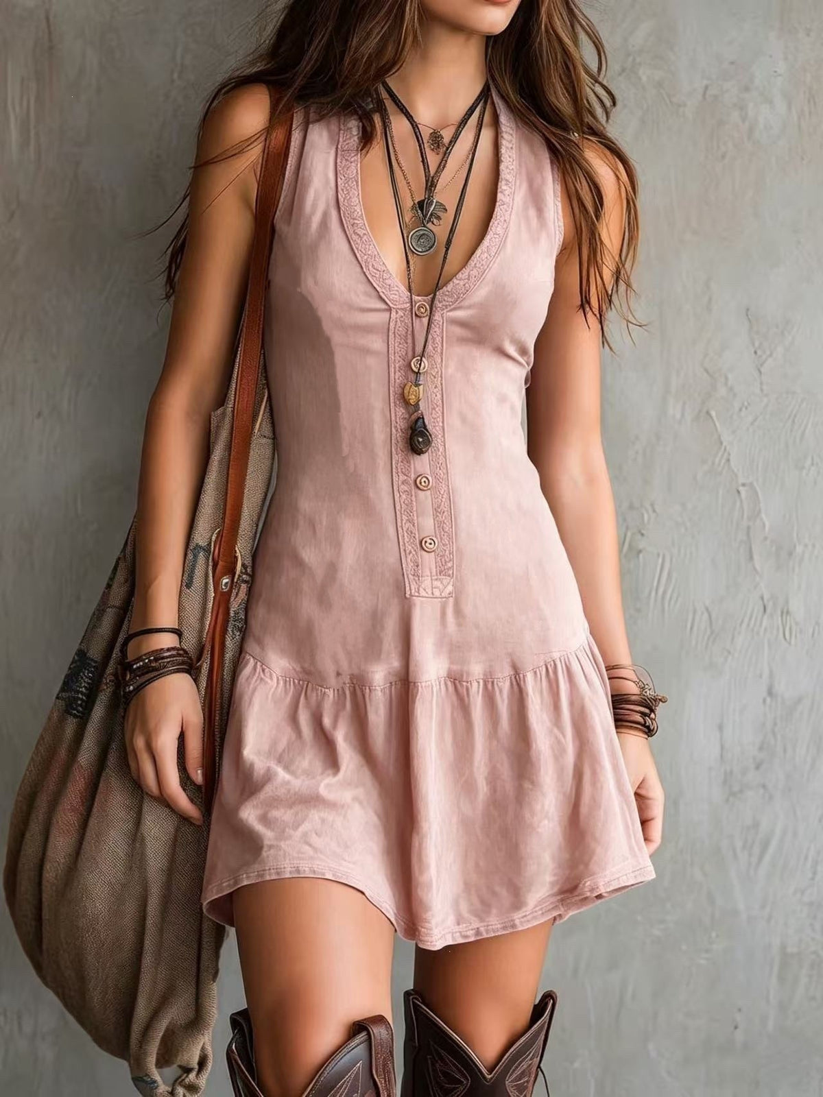 Women's Sleeveless U-Neck Lace Button A-Line Short Dress