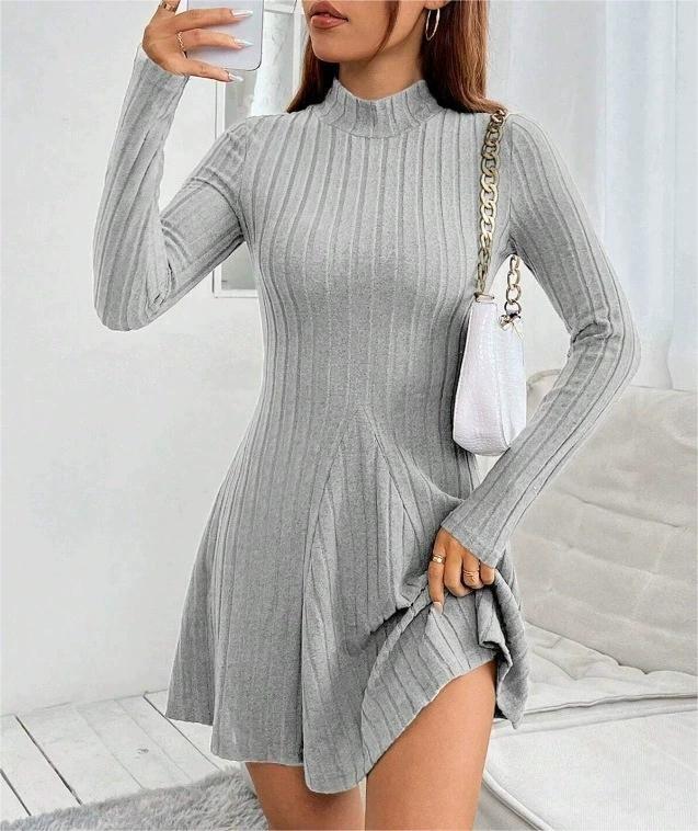Fitted semi-high neck, waist-cinching long-sleeved dress