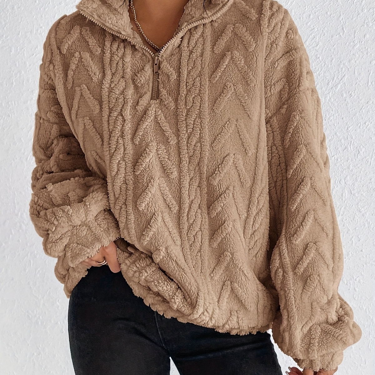 Women's Double-Sided Plush Flower Casual Zipper Pullover Top teemdrop