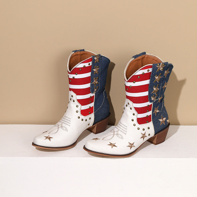 Striped Embroidered Pointed Stud Leather Boots Short Tube