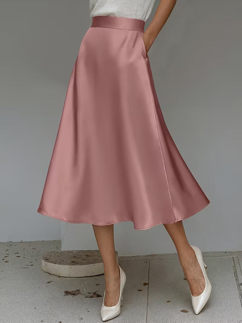 Women's Satin A-Line Midi Skirt Solid Color Elegant Workwear teemdrop
