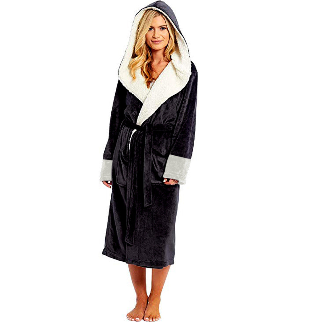 Women Long Plush Bathrobe with Belt Home Loungewear Winter Warm Nightgown