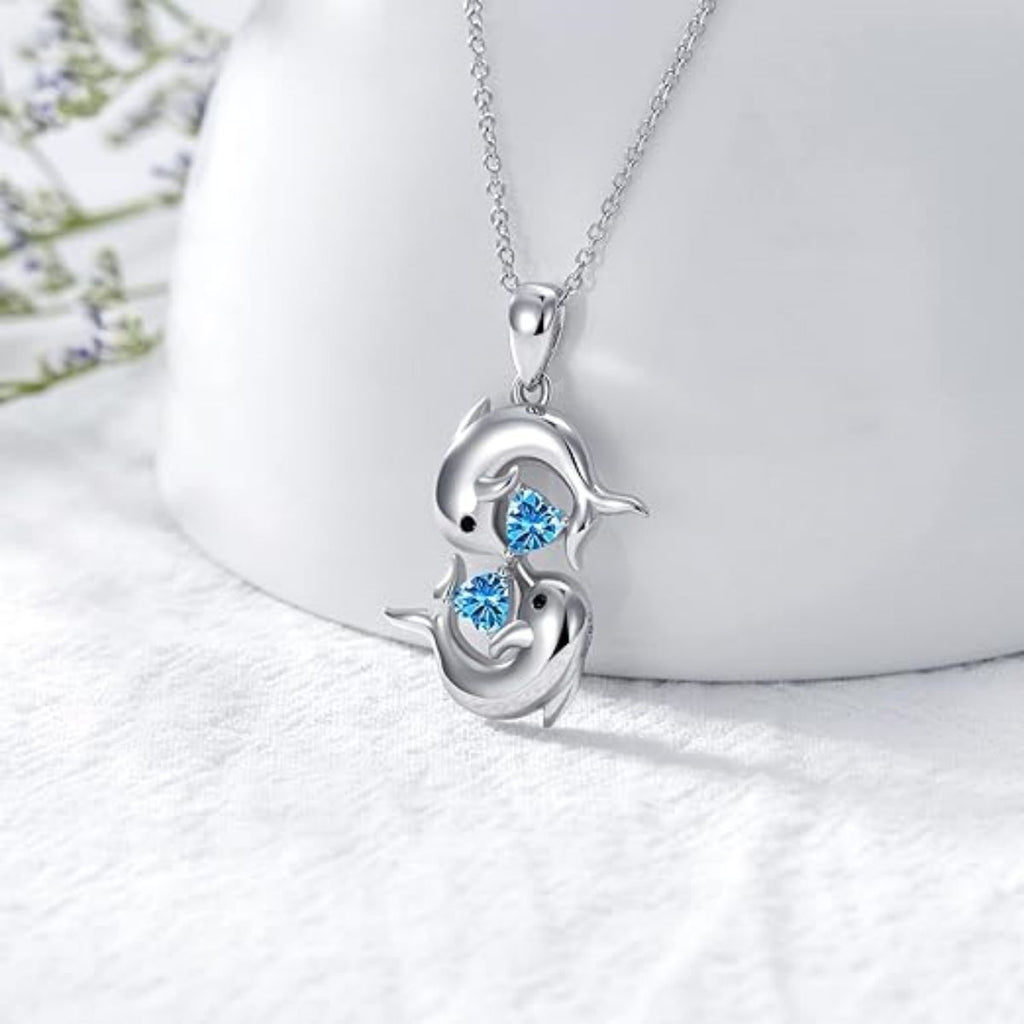 Blue Heart Zircon Dolphin Pendant Alloy Necklace teemdrop
