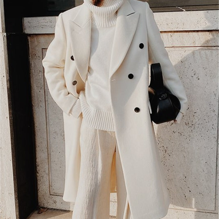Women?s long-sleeved, solid-color, double-breasted, slim-fit coat with a lapel collar teemdrop