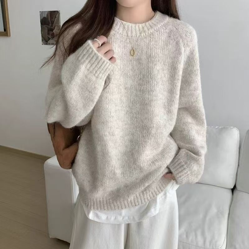 Women's Soft Waxy Knit Sweater Round Neck Long Sleeve Pullover teemdrop
