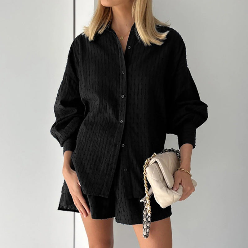 Women's Jacquard Puff Sleeve Shirt and Shorts Two-Piece Set teemdrop