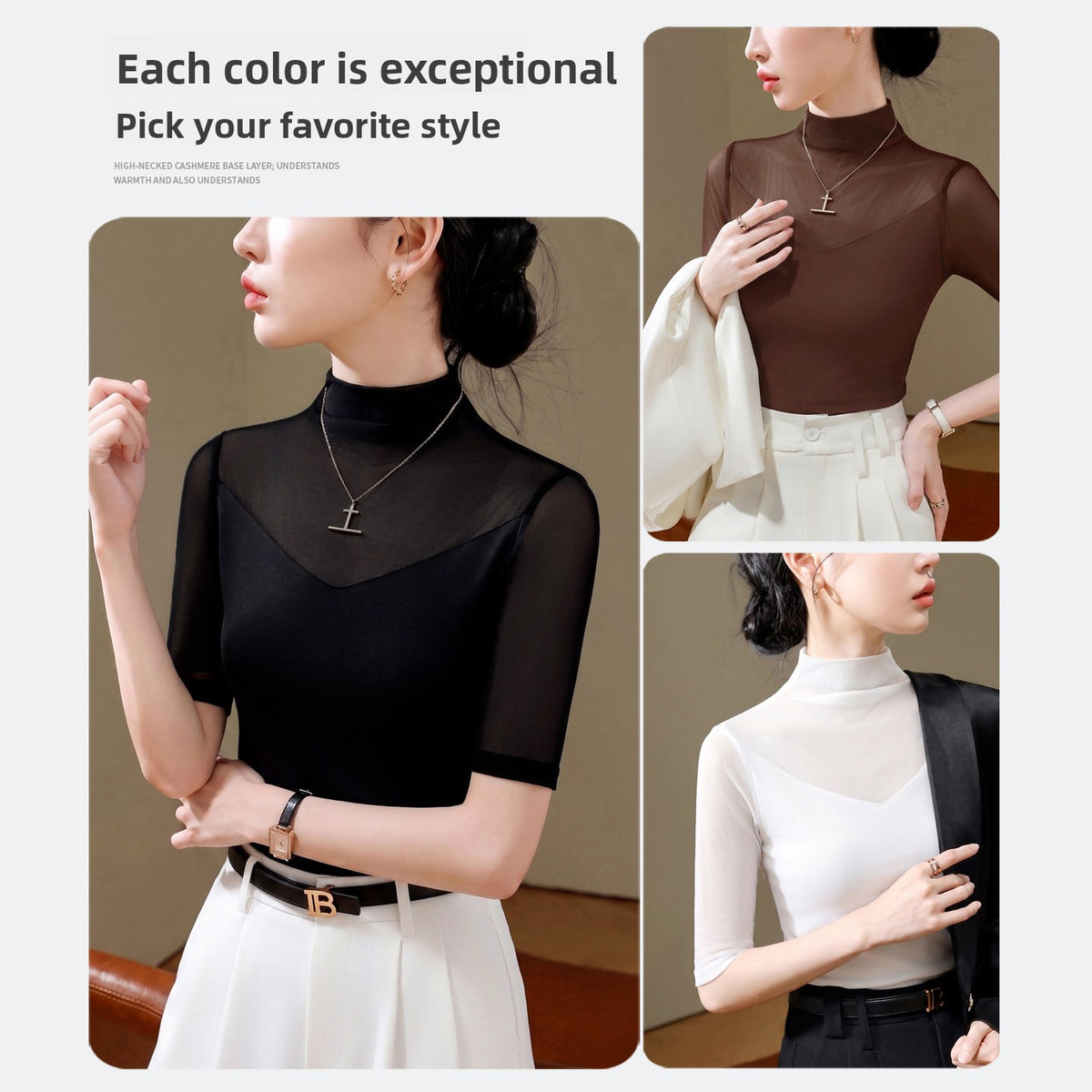 Women's Nylon Mesh Mid-Sleeve Half-High Collar Slim Fit T-Shirt teemdrop
