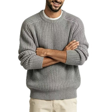 Mens Chunky Knit Solid Color Round Neck Long Sleeve Pullover Sweater teemdrop