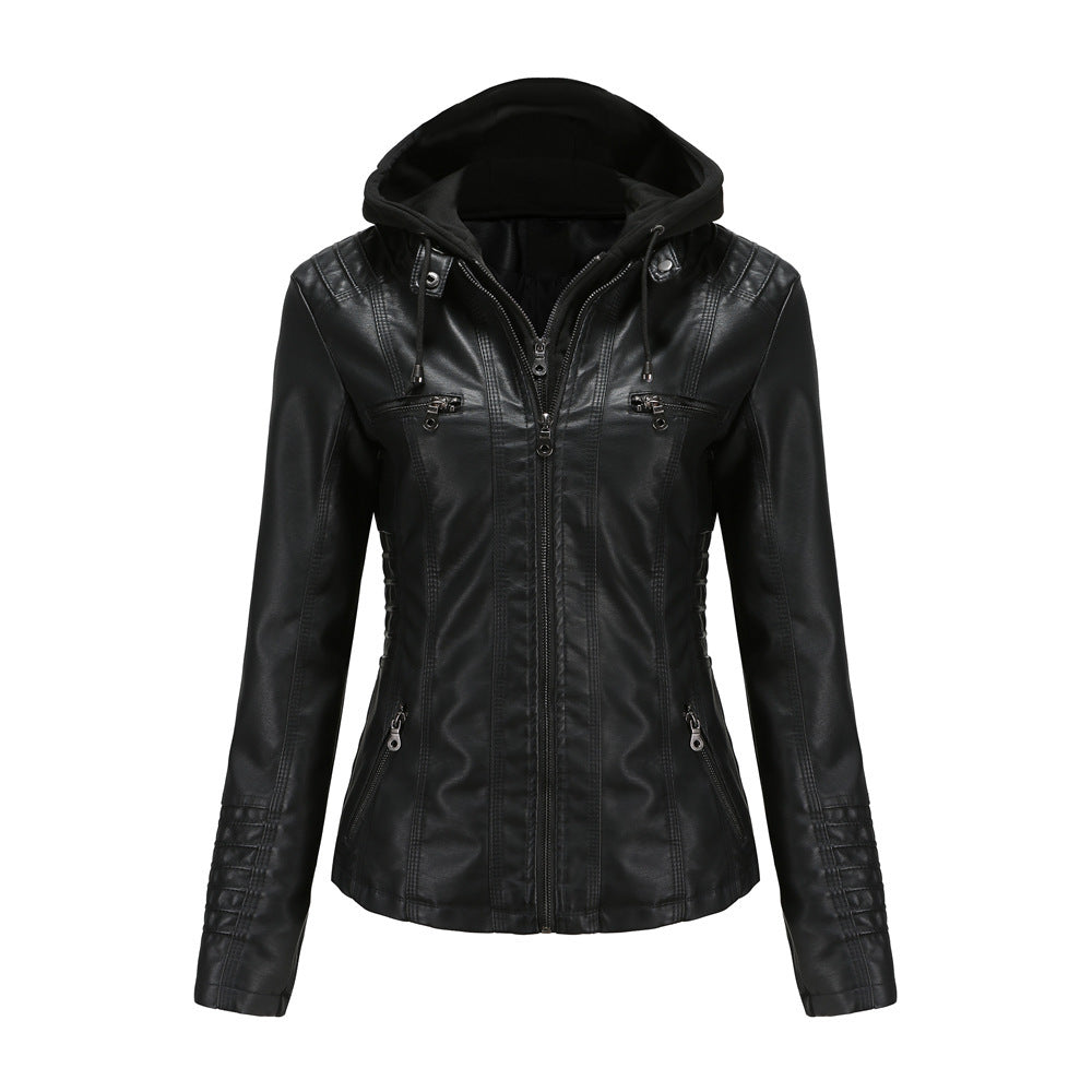 Women's Faux Leather Hooded Jacket Two-Piece Set Slim Fit Long Sleeve teemdrop