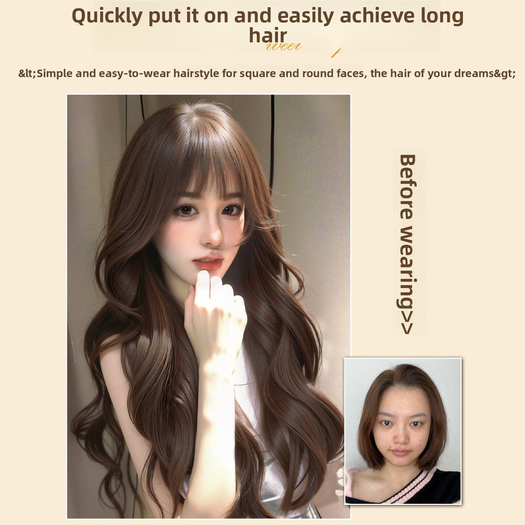 Women's Long Wavy Curly Full Head Wig Seamless Front with Bangs teemdrop