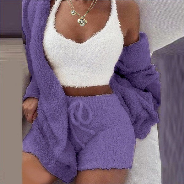 Women's Plush Three-Piece Long Sleeve Vest Shorts Track Set teemdrop