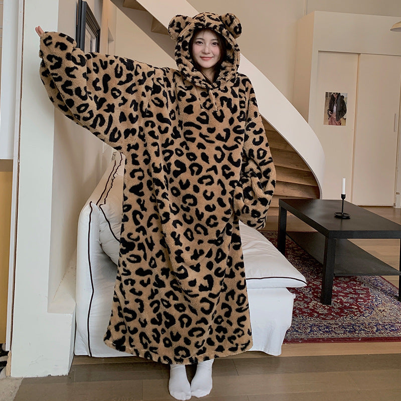 Women's Thickened Coral Fleece Hooded Nightgown Oversized Winter Warm Robe teemdrop