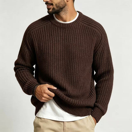Mens Chunky Knit Solid Color Round Neck Long Sleeve Pullover Sweater teemdrop