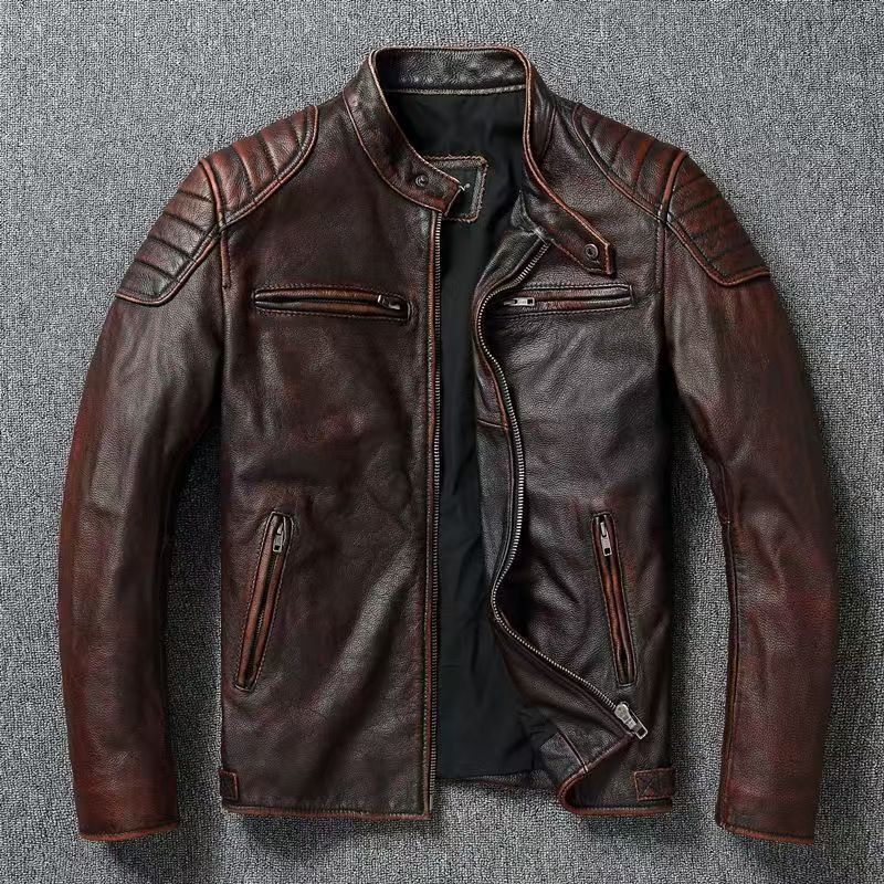 Mens Vintage PU Leather Jacket with Stand Collar
