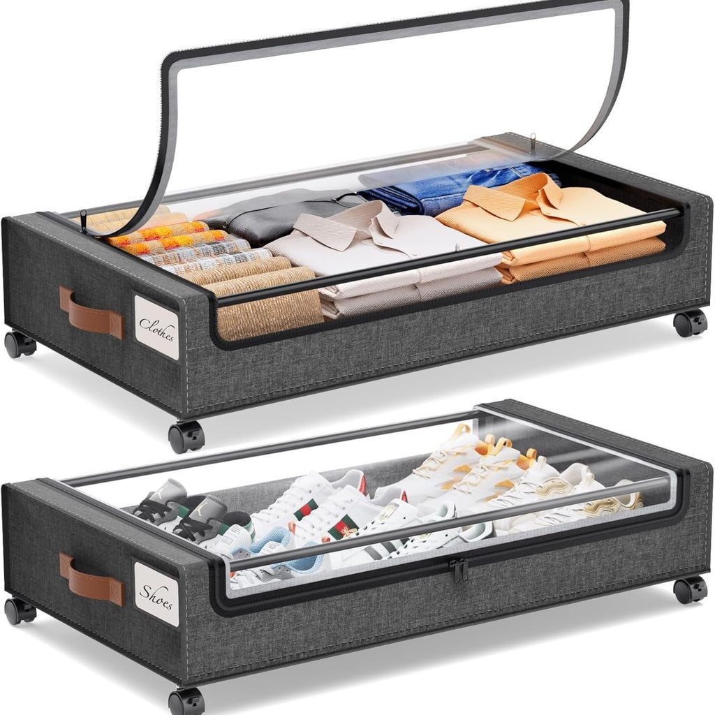 Foldable Underbed Storage Box with Wheels Transparent Dust-Proof Clothes Organizer teemdrop