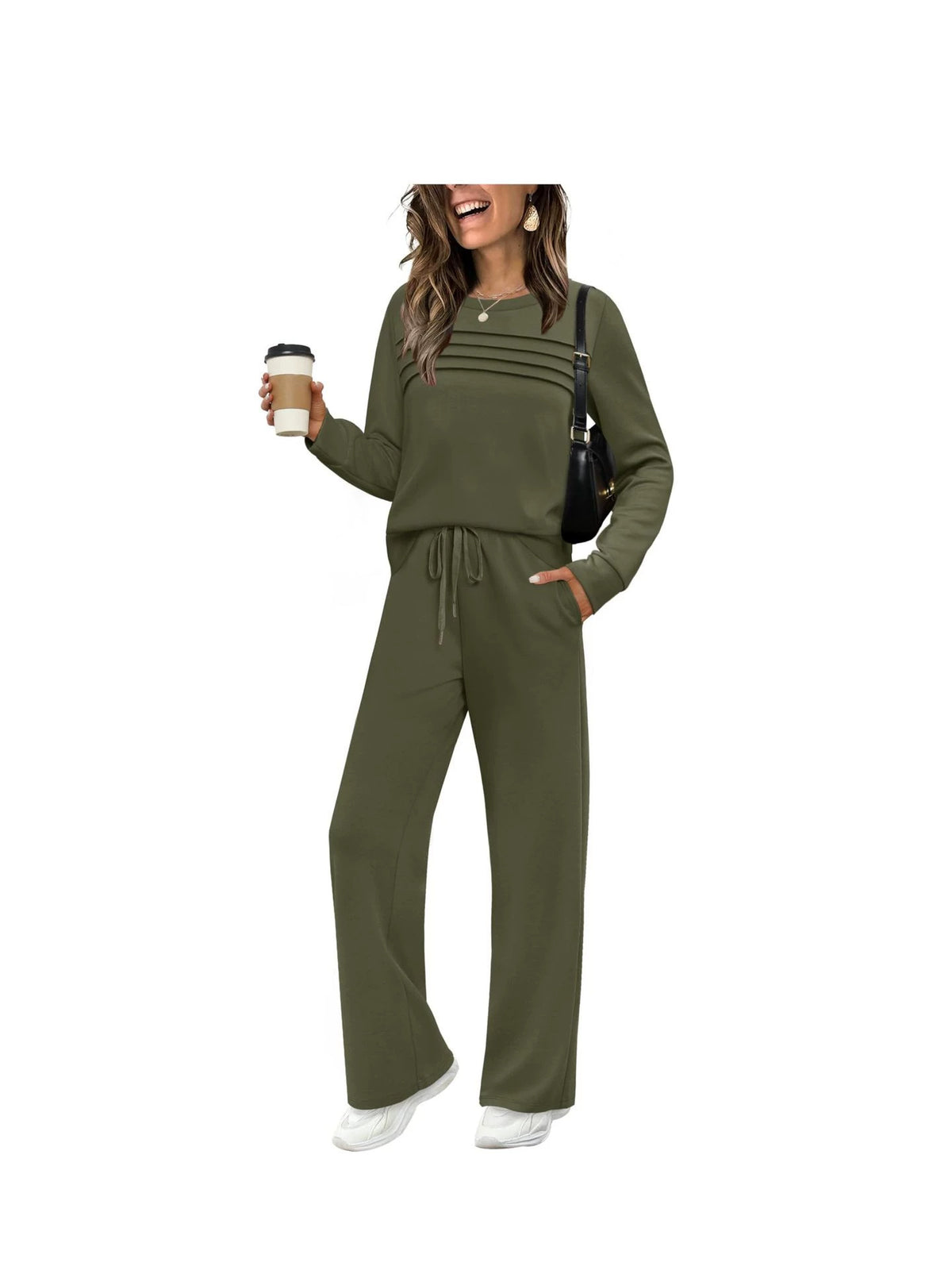 Women's Solid Color Two-Piece Set Pleated Sweatshirt and Wide-Leg Trousers Casual Knit Suit teemdrop