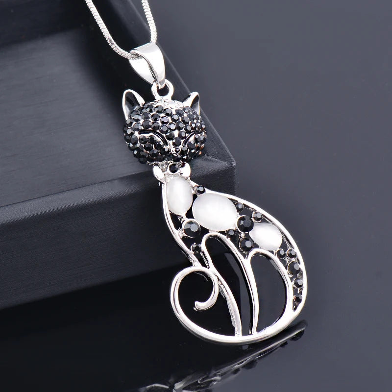 Cute Crystal Rhinestone Cat Eye Stone Animal Pendant Chain Necklace