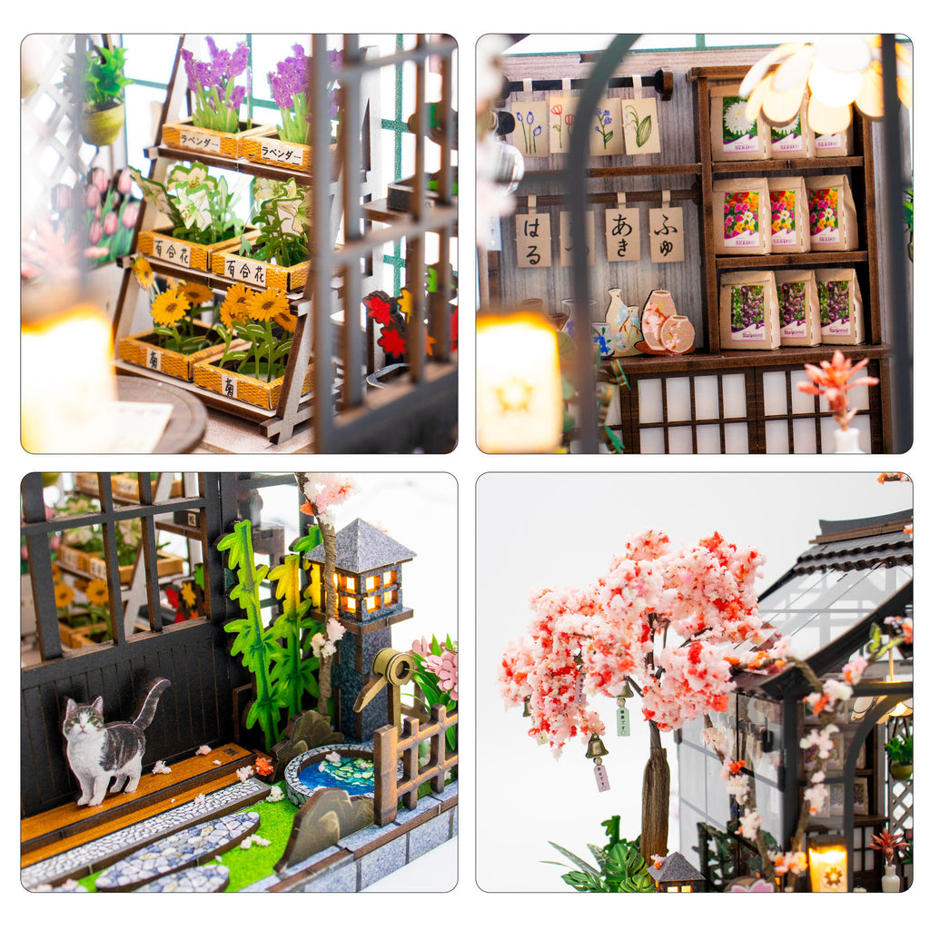 Japanese Style Miniature DIY Wooden Greenhouse Model Kit with Light and Music