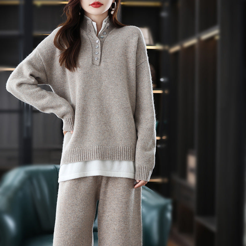 Women's Wool Knit Two-Piece Set Loose Sweatshirt Wide-Leg Pants Casual Suit teemdrop
