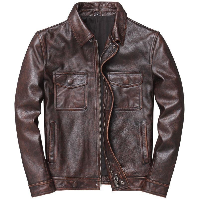 Mens Vintage PU Leather Jacket with Stand Collar