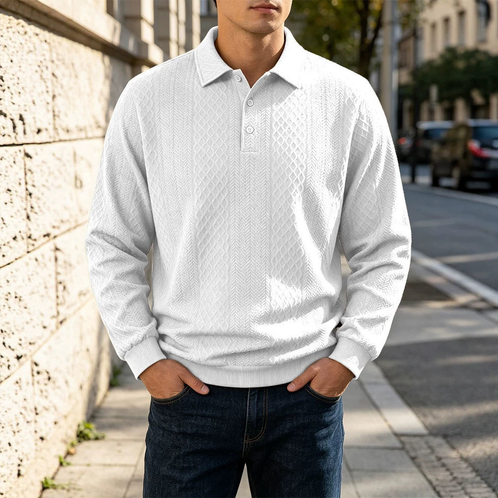 Men's Jacquard Knit Polo Sweatshirt Long Sleeve Turn-Down Collar Loose Fit Top teemdrop