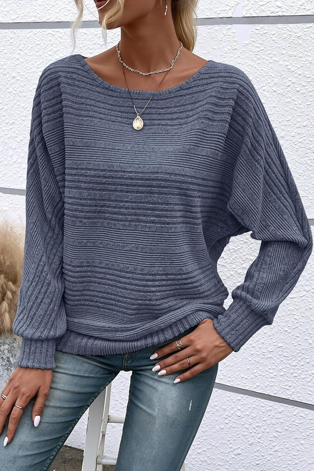 Solid-color long-sleeve knit sweater teemdrop