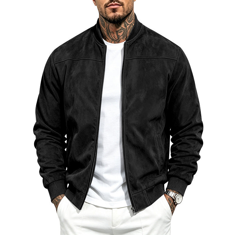 Men's Solid Suede Fleece Baseball Collar Bomber Jacket teemdrop
