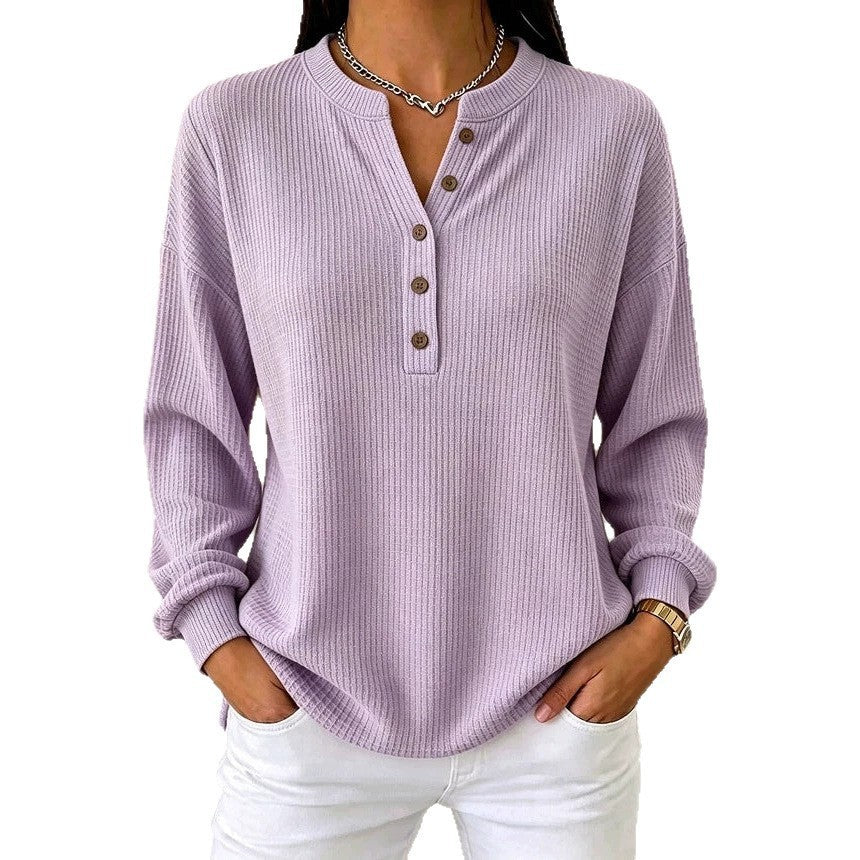 Women's Ribbed Knit Half-Button Henley Long Sleeve T-Shirt teemdrop