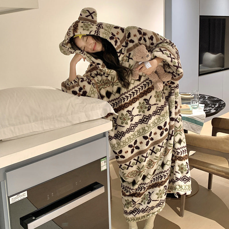 Women's Thickened Coral Fleece Hooded Nightgown Oversized Winter Warm Robe teemdrop
