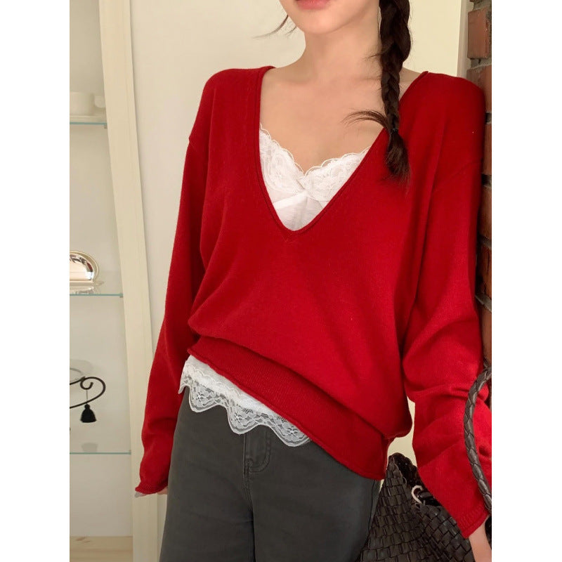 Women V-Neck Long Sleeve Solid Casual Knit Sweater teemdrop