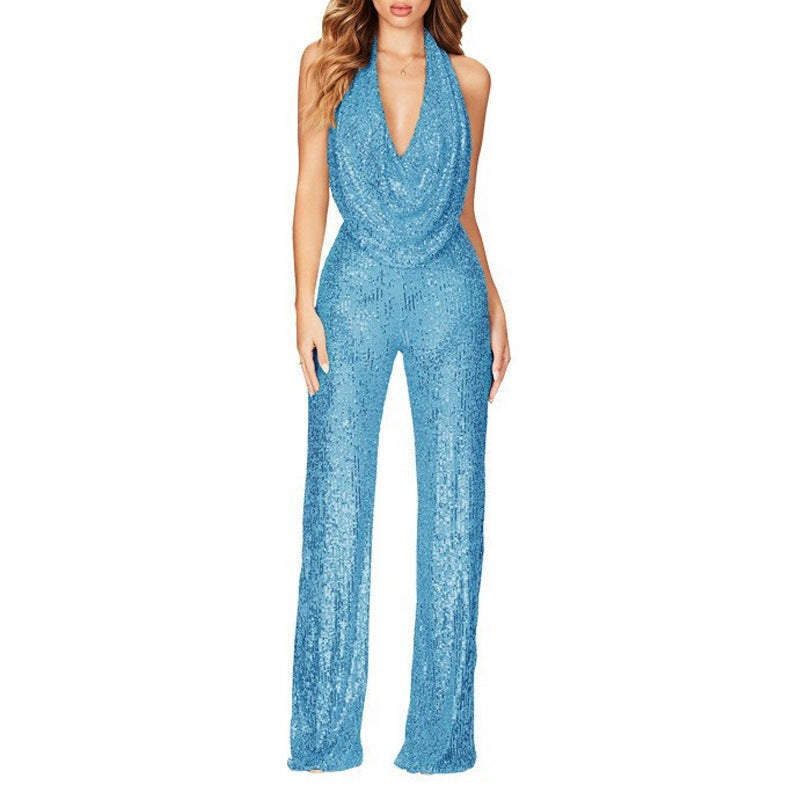 Women's Sparkly Sequin Halter Neck Jumpsuit Slim Fit Long Pants One Piece Evening Dress teemdrop