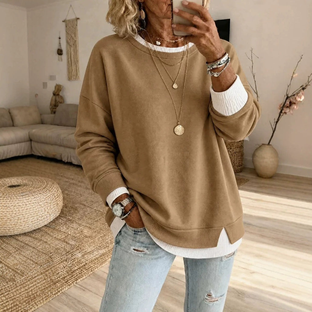Women's Fake Two-Piece Ribbed Split Hem Round Neck Long Sleeve Pullover teemdrop