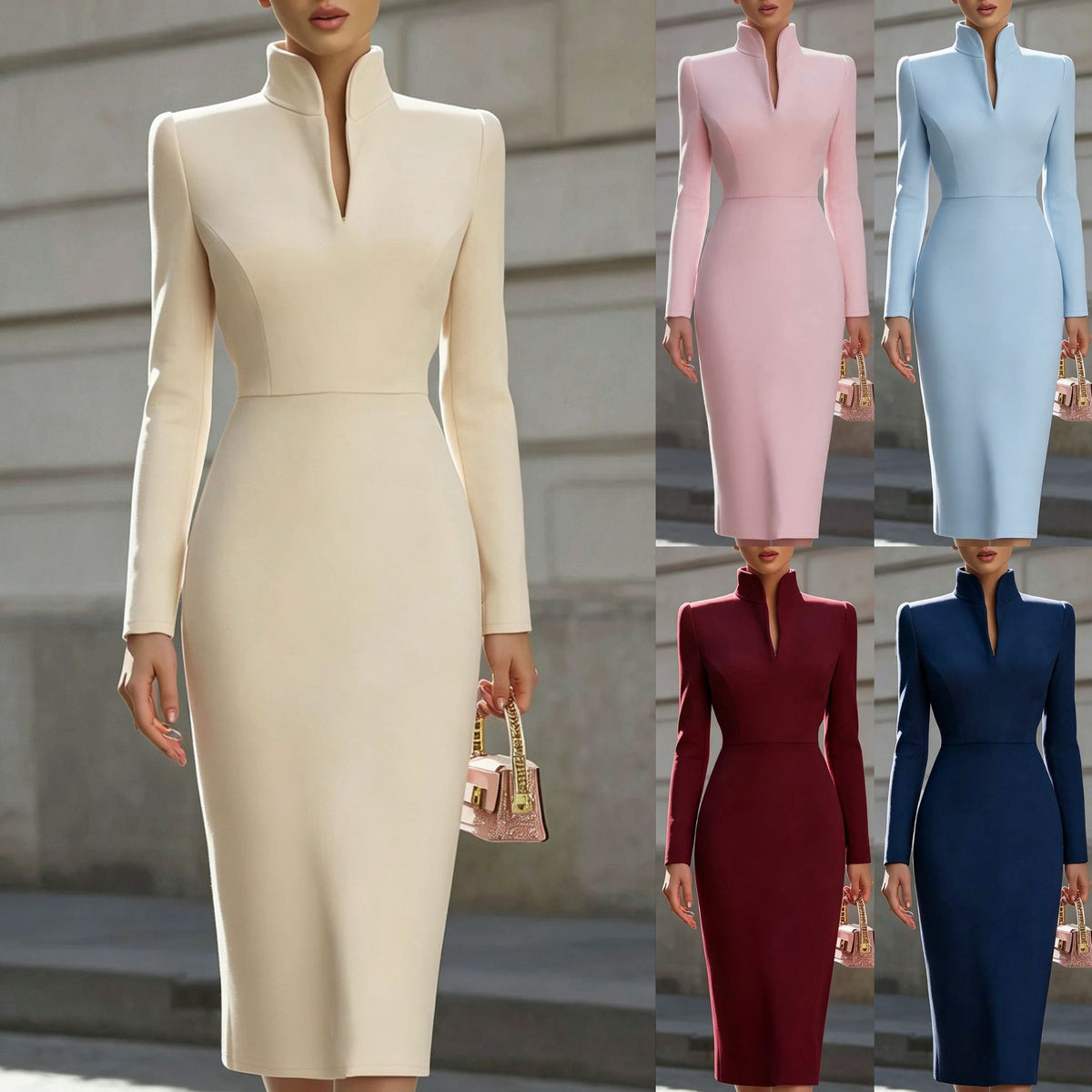 Women's Stand Collar Long Sleeve Slim Fit Midi Bodycon Dress teemdrop