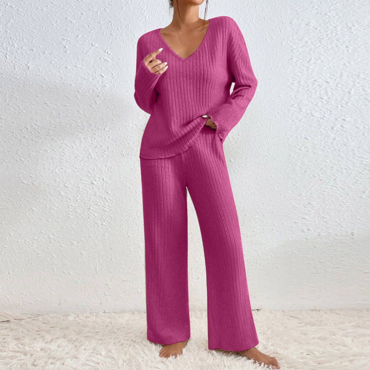 Women V-Neck Loose Ribbed Knit Long Sleeve Top Suit Set teemdrop