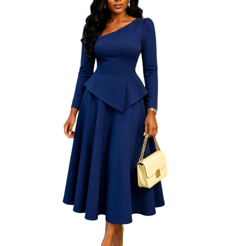 Women's Slanted Neckline Ruffled Waist Midi Dress teemdrop