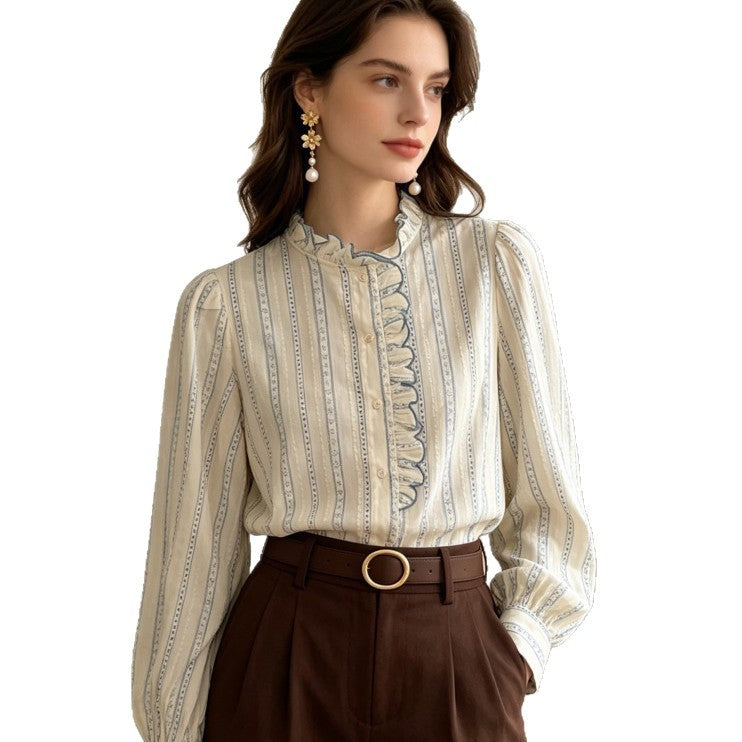 Women's 100% Cotton Ruffled Stand Collar Striped Long Sleeve Blouse teemdrop