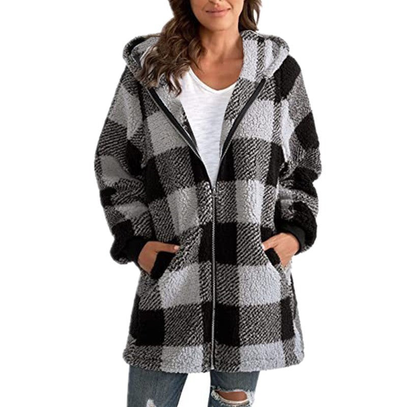 Women's Plush Long Sleeve Plaid Hooded Zip-Up Loose Coat