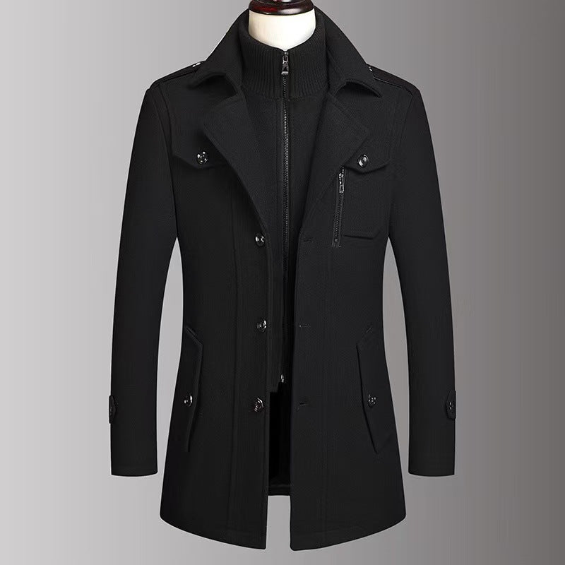 Men's Warm Double-Collar Woolen Coat with Loose Fit and Zip Closure teemdrop
